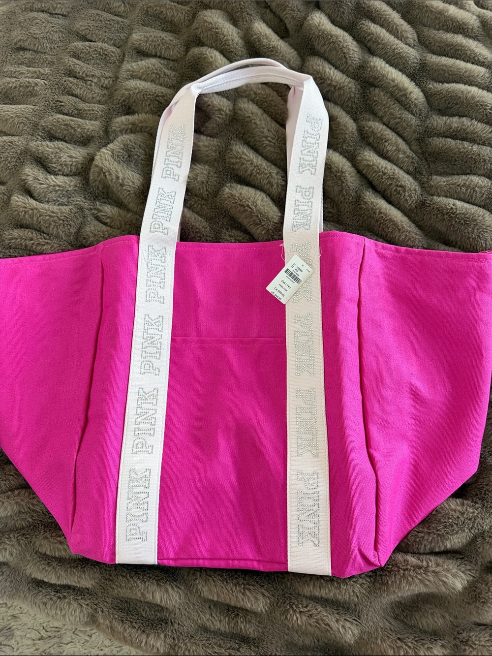 PINK Victoria's Secret Hot Pink Canvas Tote with white Straps